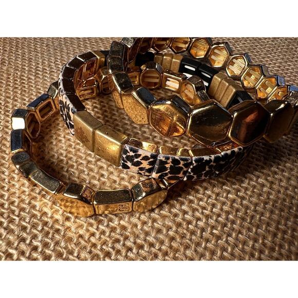 Gold Black Geometric Hexagonal & Square Flat Bead Stretch Bracelets--Set of 3 - Picture 1 of 12